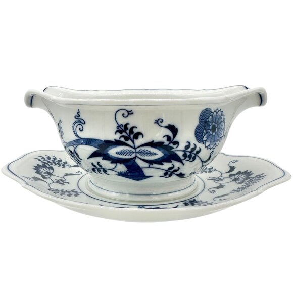 Blue Danube Double Spout Gravy Boat With Plate White Blue Floral Porcelain Vtg - Picture 1 of 9